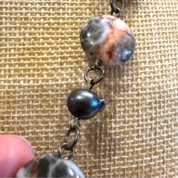 Multi Gemstone Genuine Necklace w/ black baroque pearls, Silver tone w/ toggle - Picture 6 of 11